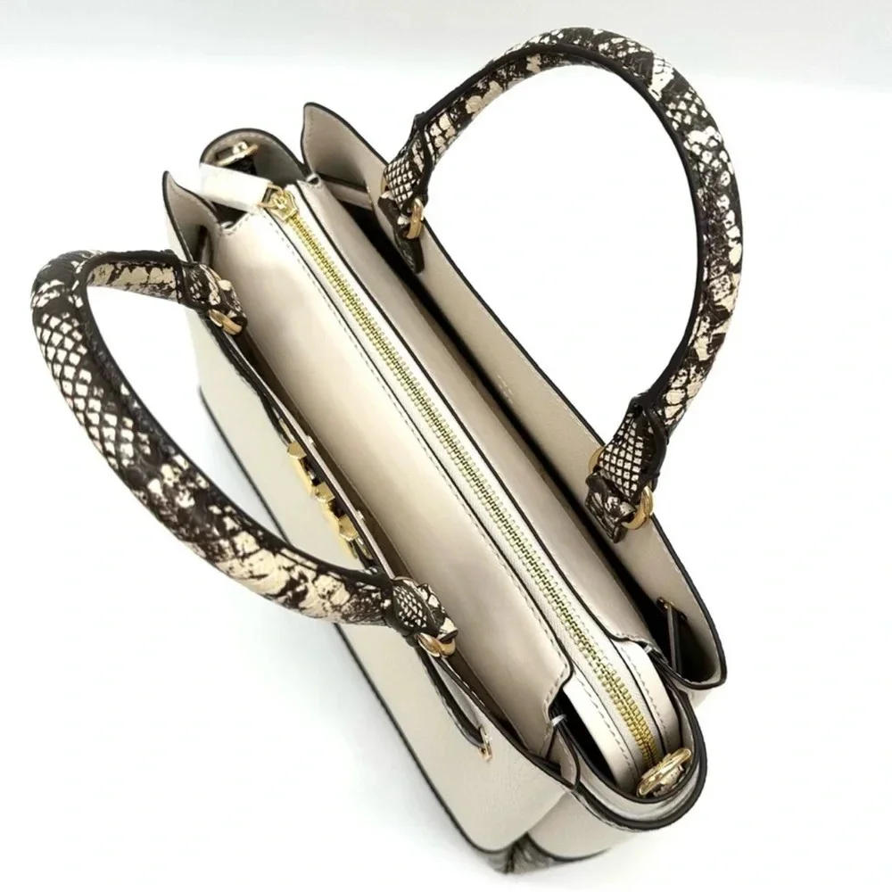 Michael Kors Large Reed Leather Belted Satchel Crossbody Bag Cream Snakeskin